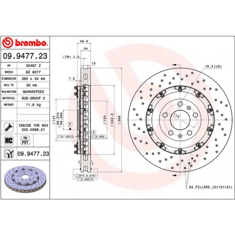 BRAKE DISC SUR BELL BREMBO DRILLED AV AUDI RS5 365x34mm