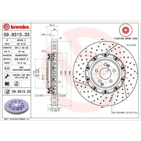 BRAKE DISC SUR BELL BREMBO DRILLED AV AMG 390X33mm