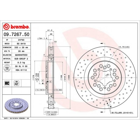 BRAKE DISC DRILLED BREMBO FERRARI 360 MODENA 330x28mm